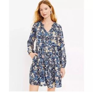 LOFT Navy Floral Long Sleeve Dress